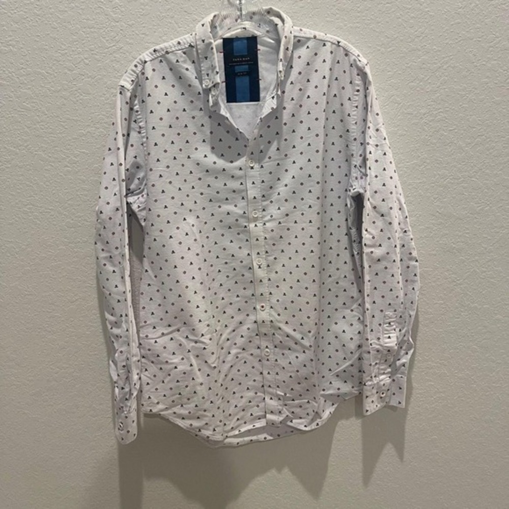 Zara Man Slim Fit Button Down Shirt White Patterned Skull Cotton Casual
